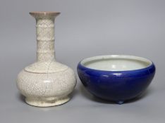 A three-footed Chinese ceramic bowl, together with a crackle glaze vase, tallest 20cm