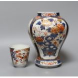 A Chinese Imari inverted pyriform shaped vase, together with an Imari beaker, tallest 22cm