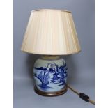 A 19th century Chinese blue and white vase converted into a lamp with shade, overall 49cm tall