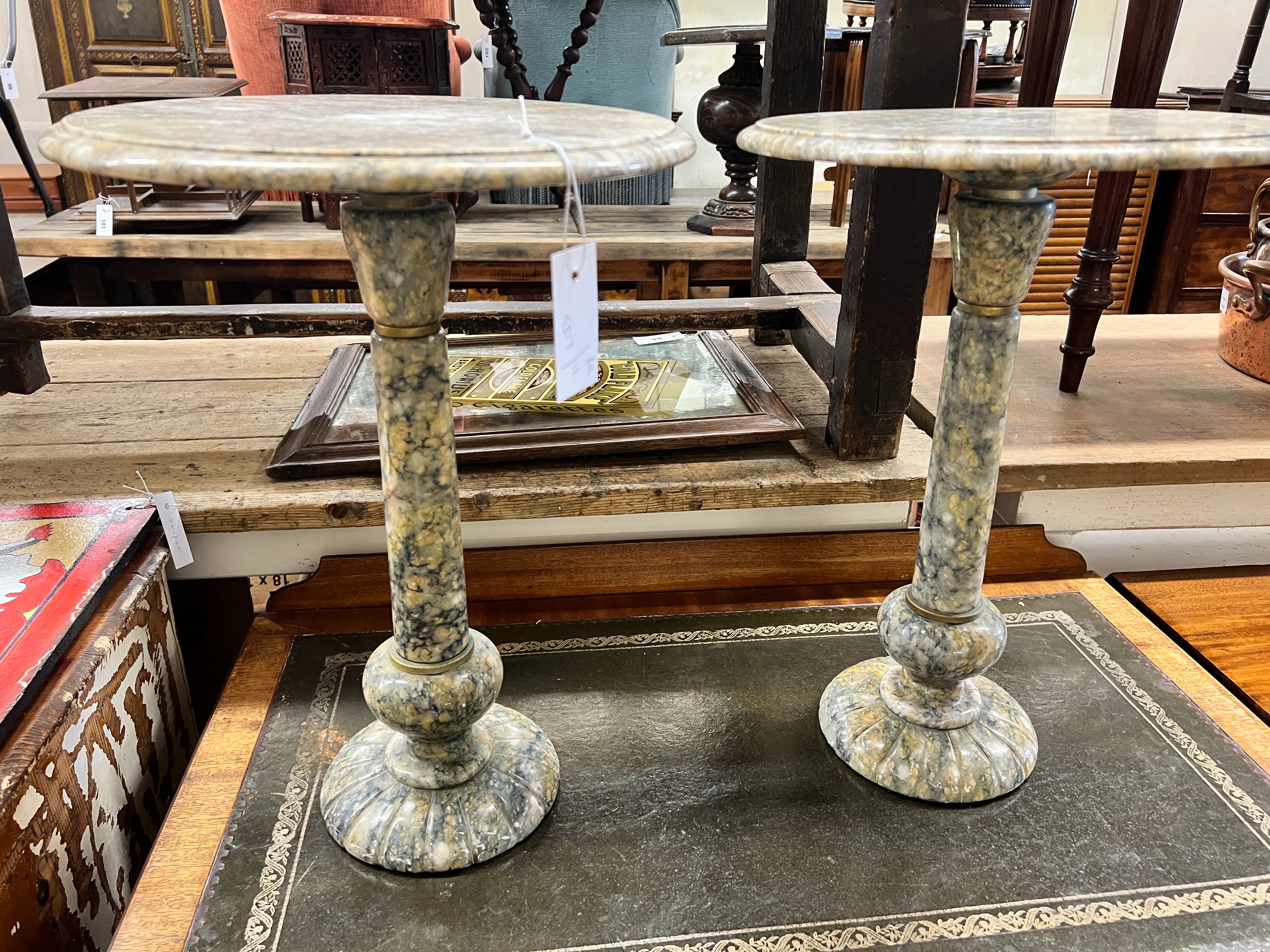 A pair of circular reconstituted marble wine tables, diameter 35cm, height 49cm - Image 3 of 3
