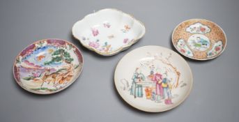 Two 18th century Chinese export saucers and two other later dishes, largest 13cm diameter