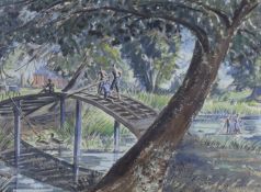 Modern British, ink and watercolour, River landscape with figures on a footbridge, 34 x 47cm