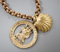 A modern 9ct gold St. Christopher pendant and a 750 yellow metal shell pendant, hung on a yellow