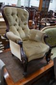 A Victorian mahogany upholstered spoonback armchair, width 70cm depth 70cm height 96cm