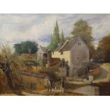 Victorian School, oil on canvas, Gentlemen beside a watermill, 58 x 75cm