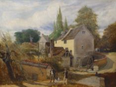 Victorian School, oil on canvas, Gentlemen beside a watermill, 58 x 75cm