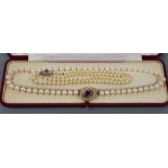 A modern single strand cultured pearl necklace, with 9ct, amethyst and cultured pearl set ova clasp,