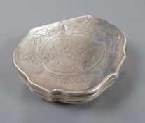 A late 18th/early 19th century white metal shaped demi-lune snuff box, makers mark, OR, 7cm, 69.5