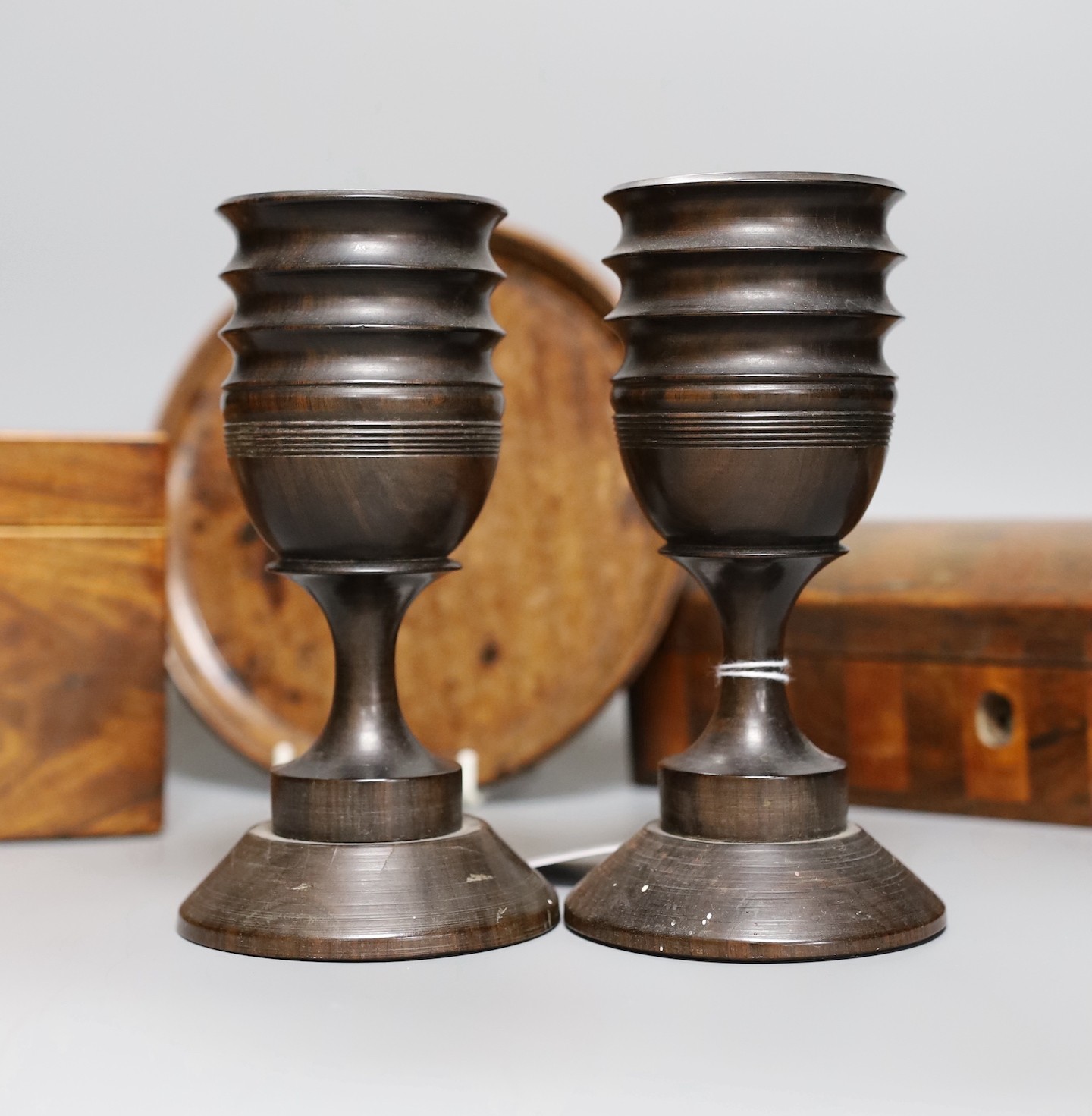 A George III inlaid mahogany tea caddy, a Victorian satinwood and rosewood domed topped glove box, a - Image 3 of 6