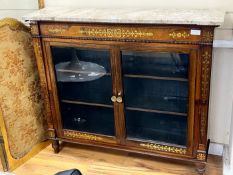 A Regency brass inlaid rosewood marble topped side cabinet, width 121cm, depth 30cm, height 107cm