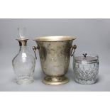 A silver plated wine cooler, a silver topped decanter and a silver lidded cut glass biscuit barrel