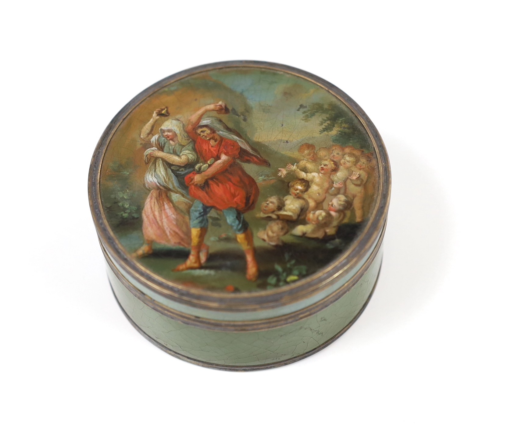 An 18th century Vernis Martin cylindrical box and cover, 8cm