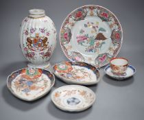 A Samson ovoid armorial jar, a Samson plate, a pair of Imari leaf dishes and three other Chinese/