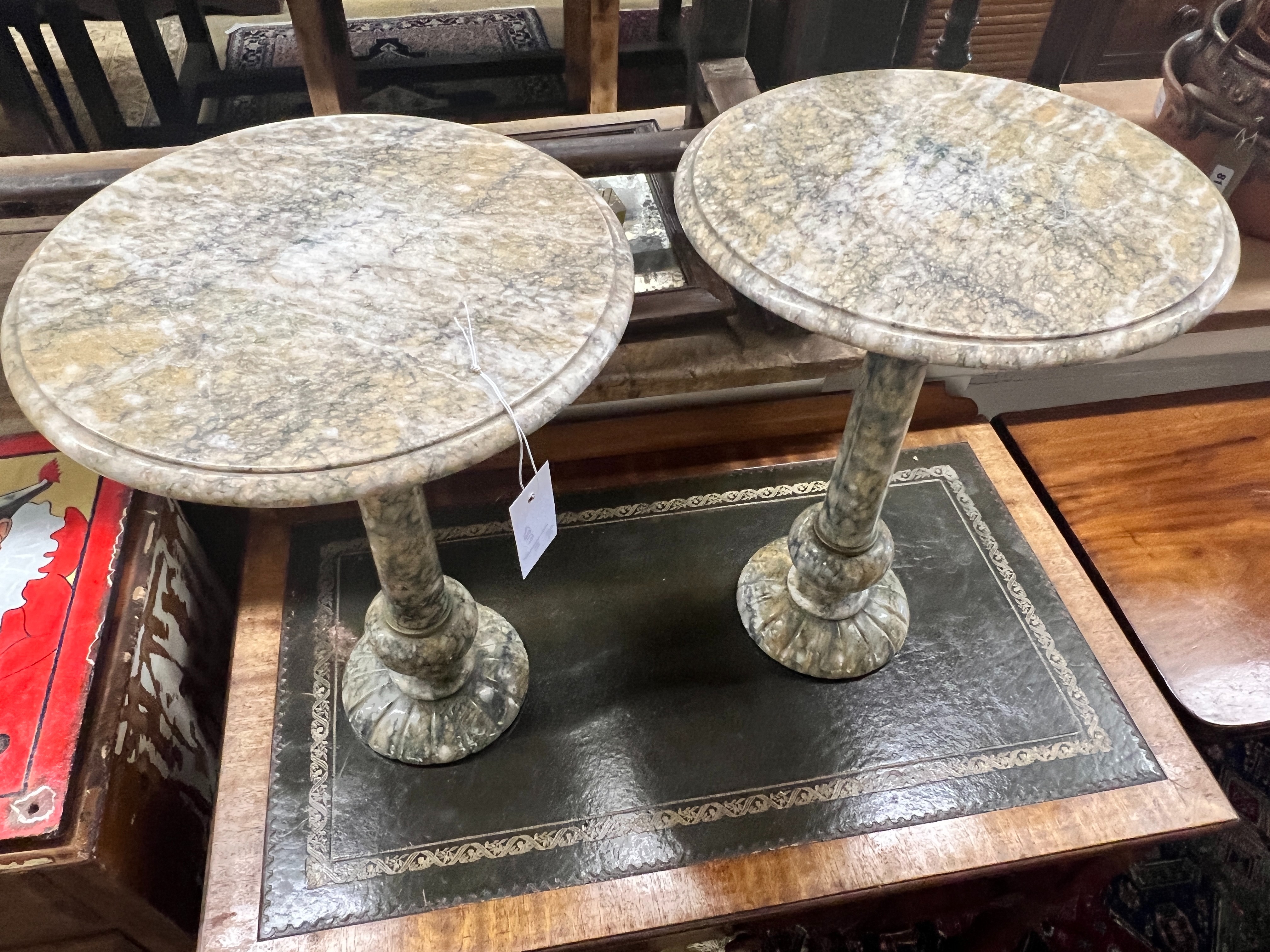 A pair of circular reconstituted marble wine tables, diameter 35cm, height 49cm - Image 2 of 3