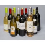 Twelve various bottles of wine including Marterey Chardonnay, Cochon Volont, Mas D Martin etc.