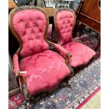 A pair of Victorian walnut spoon back upholstered chairs, one with arms