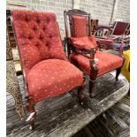 A late Victorian mahogany open armchair and an early Victorian rosewood nursing chair