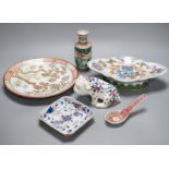 A group of Chinese and Japanese porcelain including an 18th century square Imari dish, a 19th