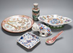 A group of Chinese and Japanese porcelain including an 18th century square Imari dish, a 19th