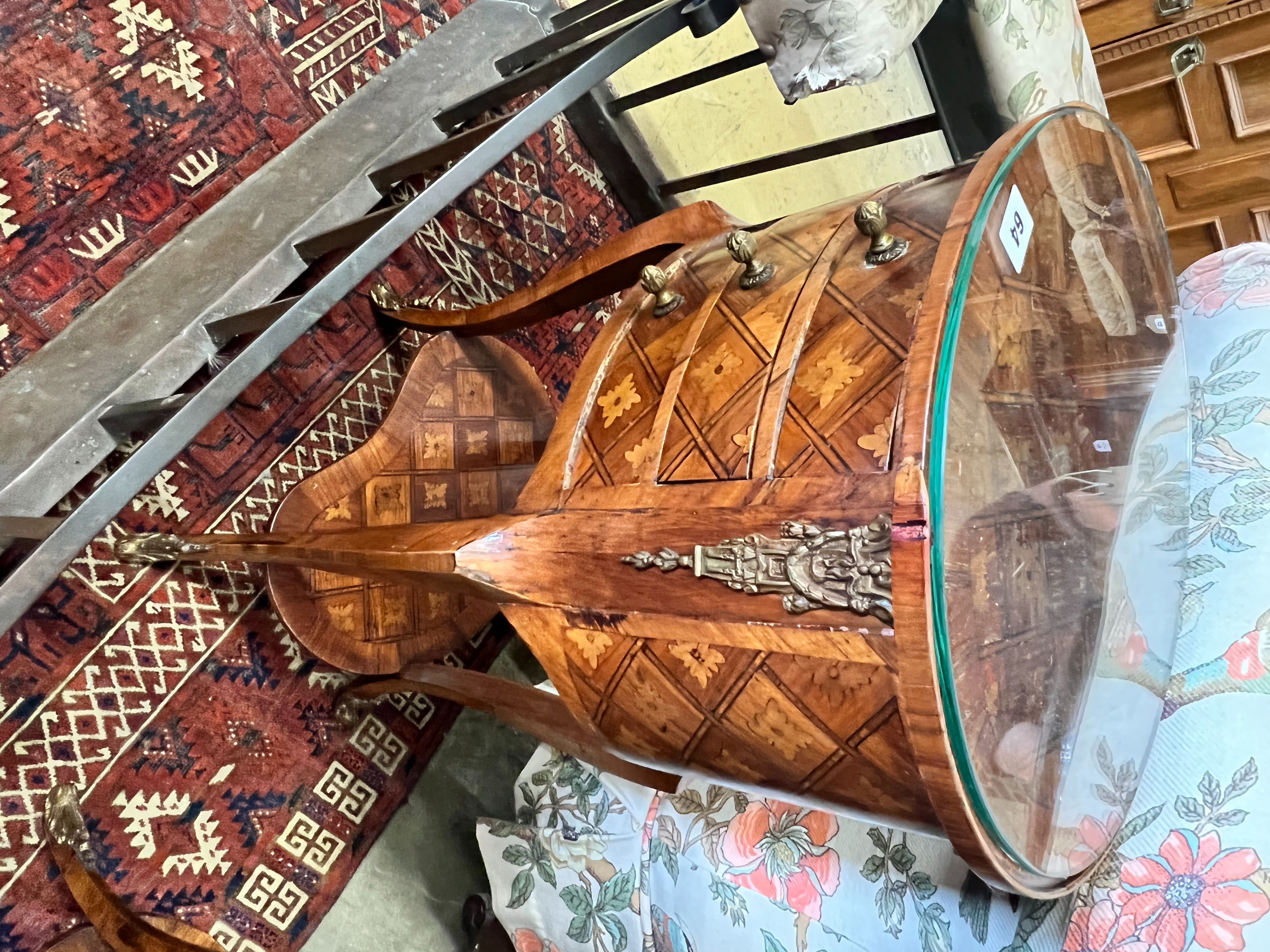 A pair of French transitional style oval parquetry inlaid bedside cupboards, kidney shaped under - Image 3 of 5