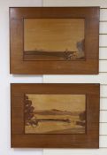 A pair of Rowley Gallery style marquetry panels, depicting hunting scenes, 31 x 48cm, overall 52 x