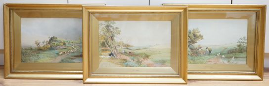 James Tyndall Midgley (1872-1962), three watercolours, Rustic scenes, signed, 28 x 43cm