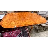 A Queen Anne Walnut revival burr walnut pad foot drop leaf dining table, extended 144cm width 99cm