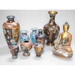 A Himalayan bronze Buddha and a group of Chinese cloisonné vases