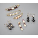 Three modern 9ct gold, cultured pearl and gem set brooches, largest 52mm and three modern pairs of