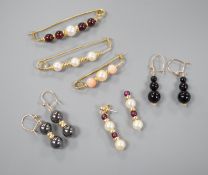 Three modern 9ct gold, cultured pearl and gem set brooches, largest 52mm and three modern pairs of