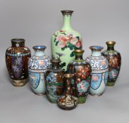 Assorted Japanese Meiji cloisonne vases, tallest 30cm