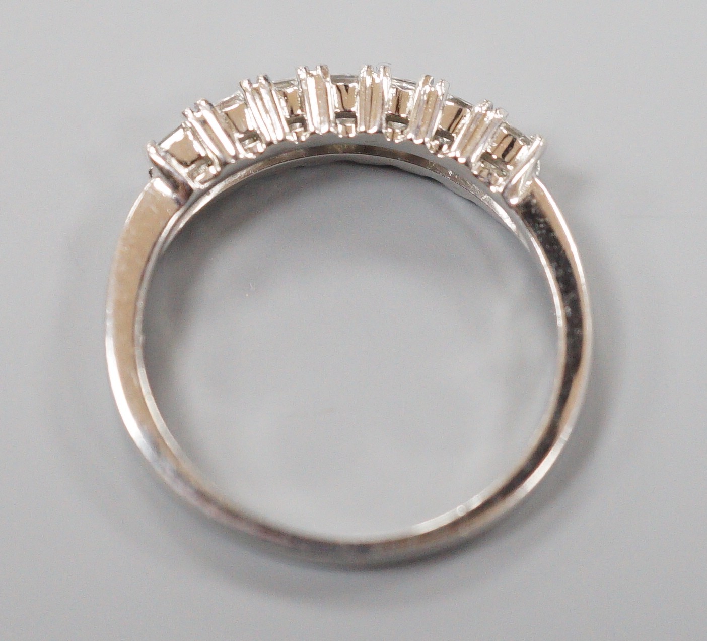 A modern platinum and seven stone princess cut diamond set half hoop ring, size M/N, gross weight - Image 4 of 4