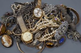A quantity of assorted costume jewellery, including marcasite and three gentleman's wrist watches