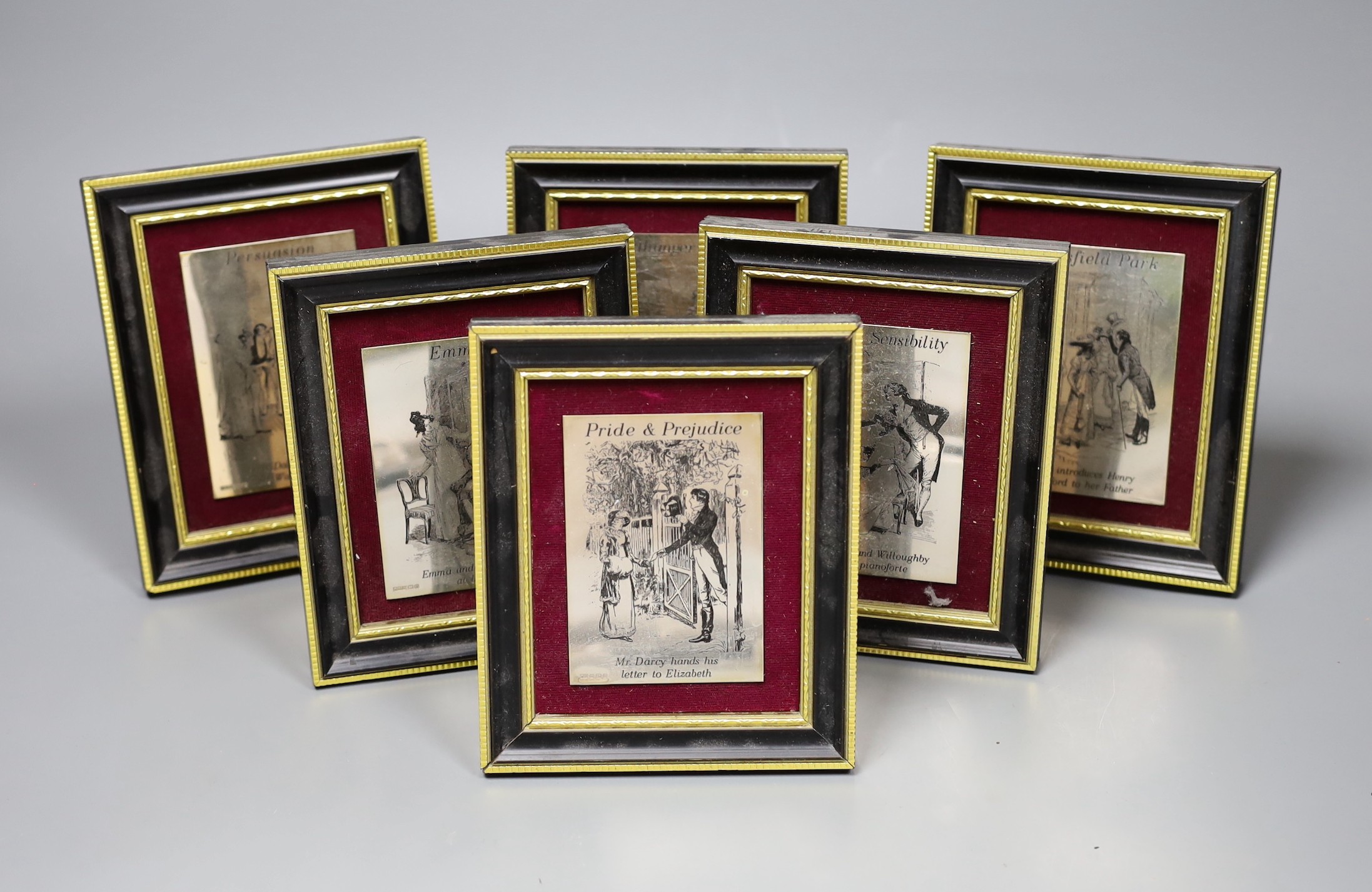 A set of six silver plaques, decorated with scenes from Jane Austen, 9.5 x 6.5cm