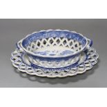 An early 19th century English blue and white pearl ware oval two handled chestnut basket