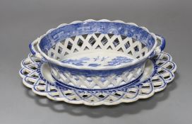An early 19th century English blue and white pearl ware oval two handled chestnut basket