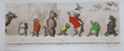Arthur Boris Klein (1893-1985), coloured etching, ¨Sus aux curicux¨, signed, overall 21 x 49cm