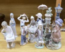 A selection of eight Lladro figures, tallest 33cm