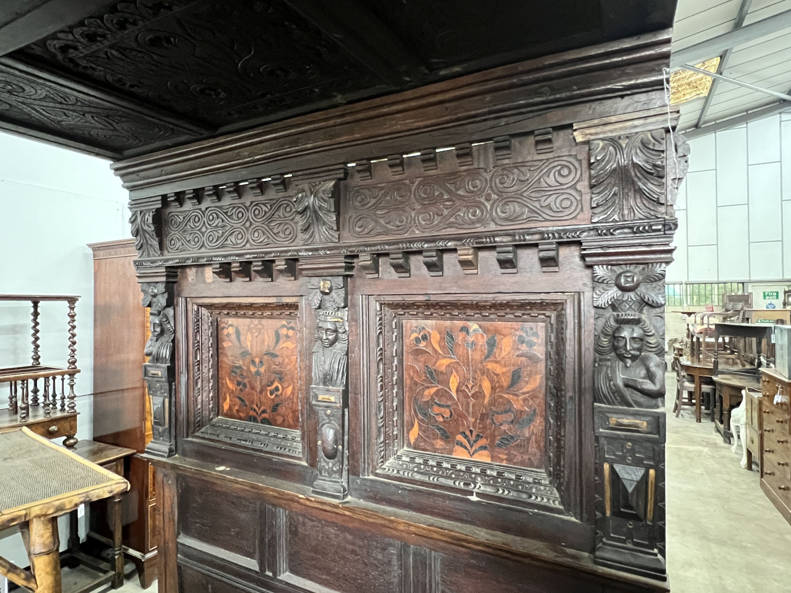 A 17th century style oak tester bedstead, inset with marquetry panels, length 196cm, depth 135cm, - Image 2 of 2