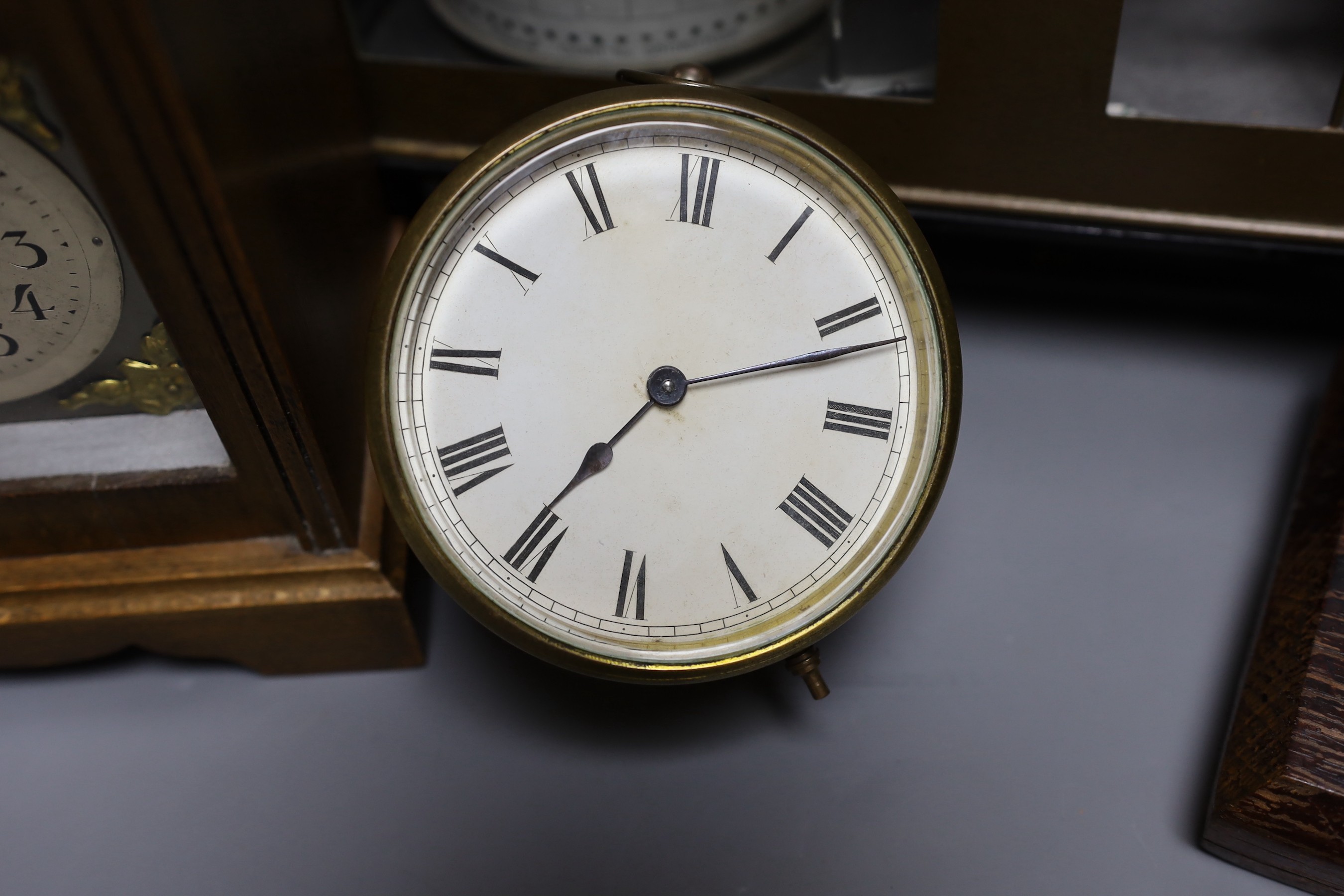 A barograph and three various time pieces including a carriage timepiece, a walnut bracket timepiece - Image 3 of 5