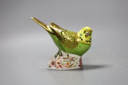 A Royal Crown Derby paperweight - Green Budgerigar, gold stopper, boxed, no certificate
