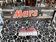 A 'Mars' chocolate advertising sign, length 153cm, height 42cm, and a 'Restalls' enamelled hanging