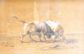 After Eugene Verboeckhoven (1799-1881), charcoal and chalk drawing, Bulls fighting, bears