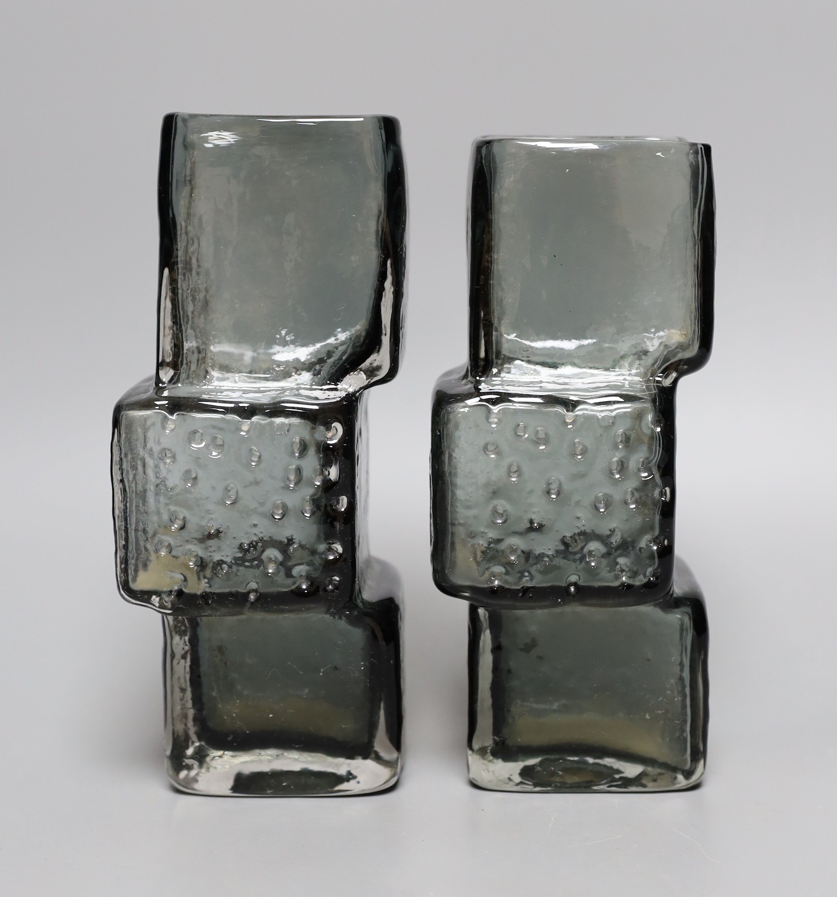 A pair of Whitefriars 'Drunken Bricklayer's' glass vases, designed by Geoffrey Baxter, pattern