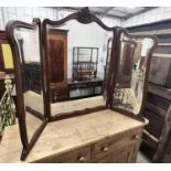 An early 20th century French carved walnut folding triple dressing table mirror, height 106cm