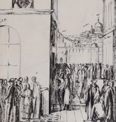 James Stroudley (1906-1985), ink and pencil on paper, 'The Principal taking leave of students',