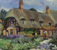 In the manner of Edward Wesson (1910-1983), oil on board, Thatched cottage and garden,