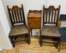 A near pair of 18th century wood seat chairs, larger width 45cm, height 101cm