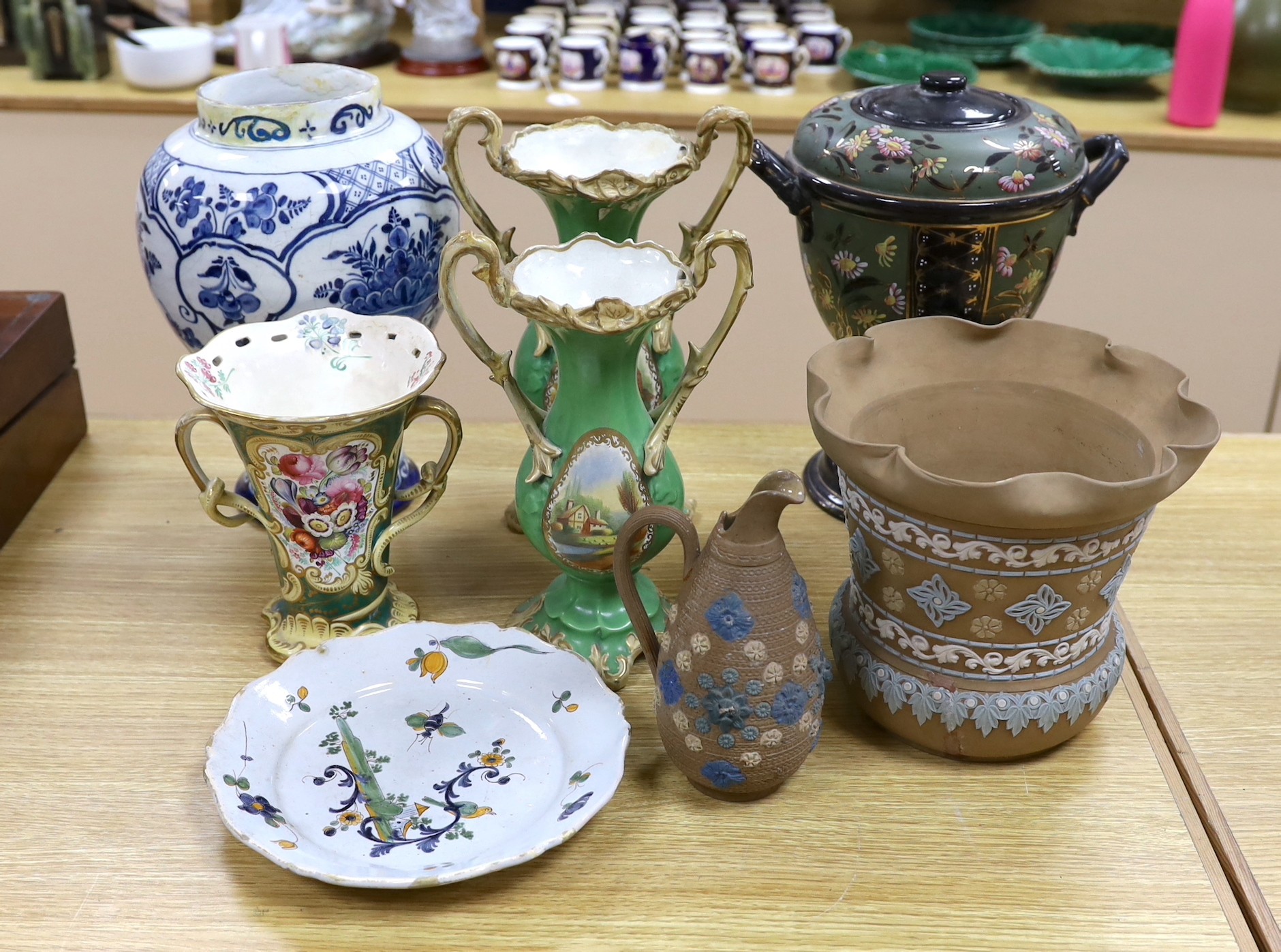 A quantity of earthenware to include Delft, tin glazed pottery, etc. and porcelain vases