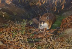 Alan G Dobbs, oil on board, recumbent fox amongst autumnal leaves, 60x90cm